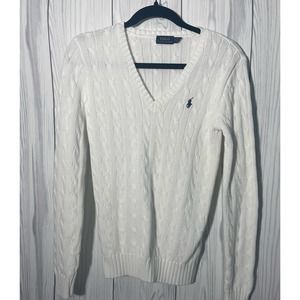 Polo Ralph Lauren Sweater Womens Small Cable Knit V Neck White Pony Cotton